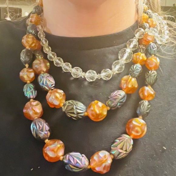 BOGO Vintage Signed Made in Austria Necklace “Carnival Glass” Plastic 2 Strand - Picture 8 of 9